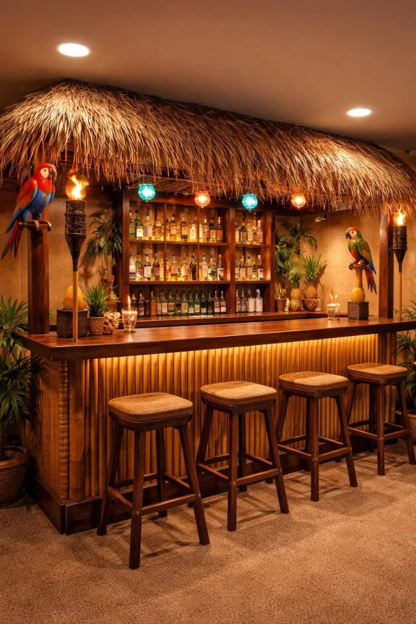 A realistic photo of a basement bar with a bamboo fronted bar, a thatched grass roof overhang, colorful tiki torches, and wooden parrot sculptures.