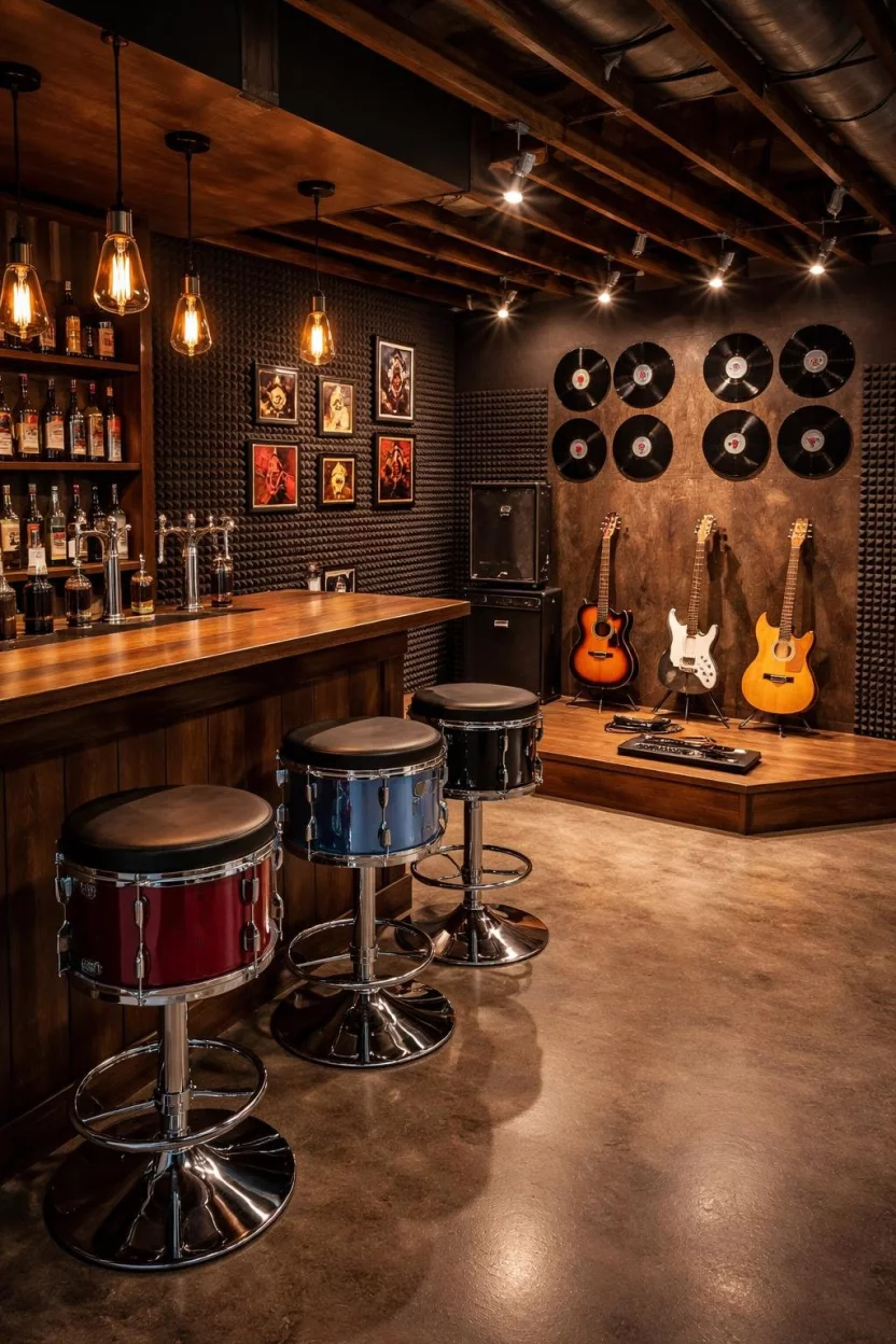 A realistic photo of a basement bar with acoustic foam wall panels, a corner stage for guitars, vinyl record wall displays, and stools made from old drum kits.