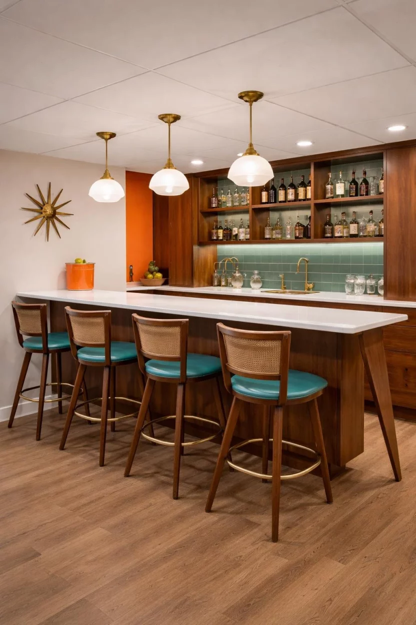 A realistic photo of a basement bar with a tapered leg wooden bar, orange and teal accents, a starburst clock on the wall, and walnut bar stools.