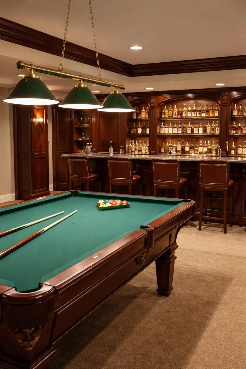 A realistic photo of a basement bar with a green felt pool table, a low hanging pool table light with three shades, mahogany cabinetry, and a tiered liquor display.