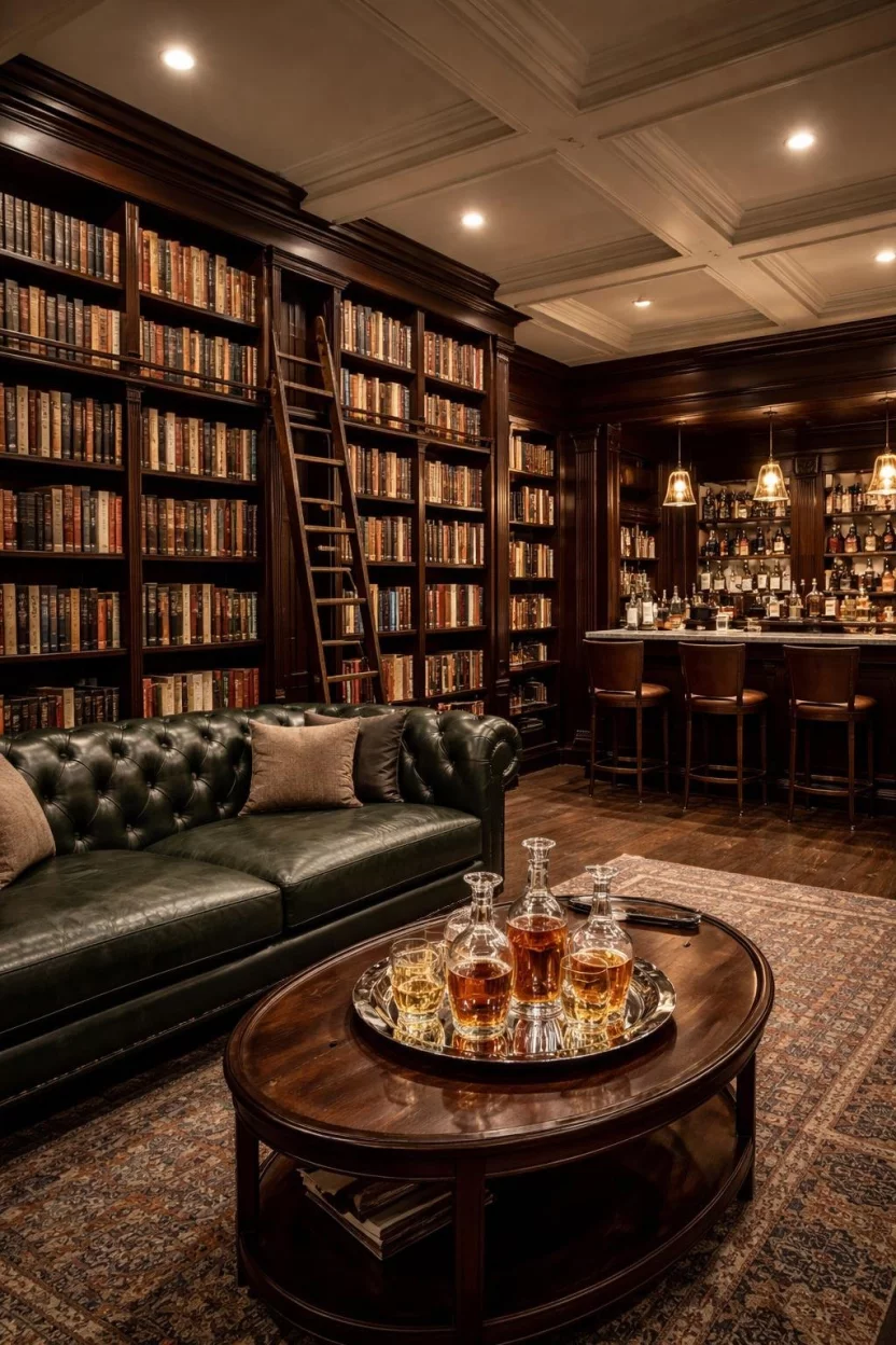 A realistic photo of a basement bar with wall to wall bookshelves, a dark green leather sofa, a rolling library ladder, and crystal whiskey decanters on a silver tray.