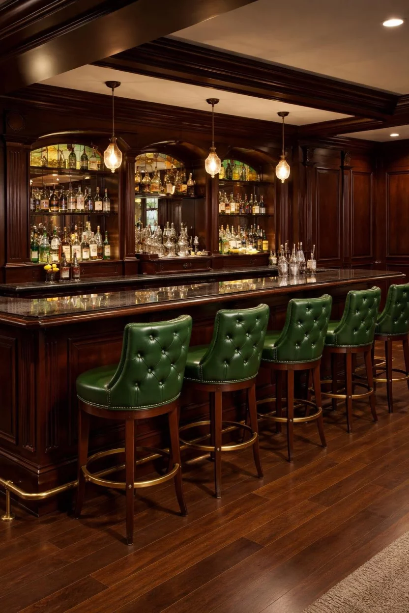A realistic photo of a basement bar with dark mahogany wood panels, a brass foot rail along the bar, stained glass backlighting, and green leather tufted bar stools.