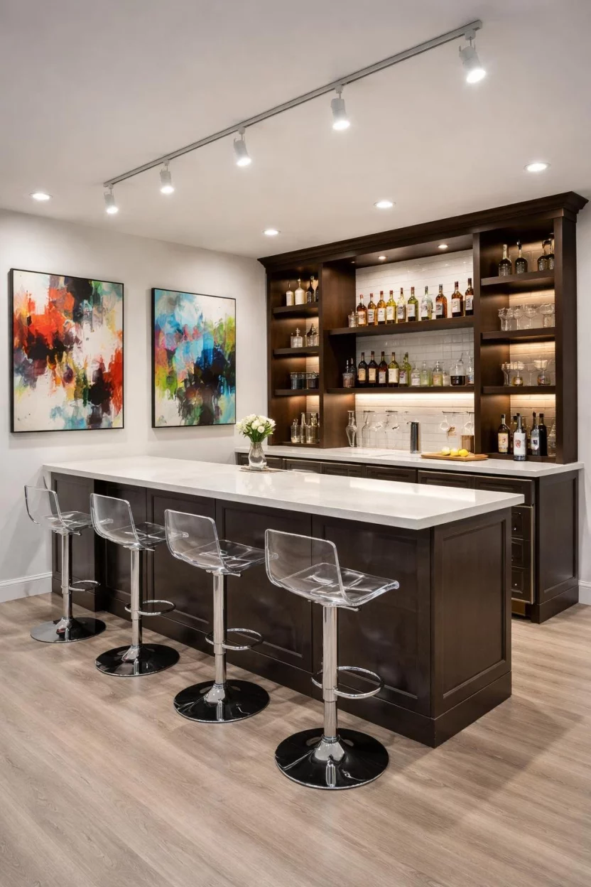 A realistic photo of a basement bar with crisp white walls, track lighting, colorful abstract paintings, and transparent acrylic bar stools.