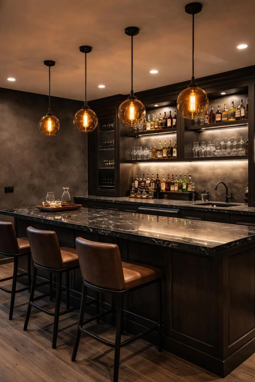 A realistic photo of a basement bar with charcoal gray walls, a black marble bar top, smoke tinted glassware, and dim amber pendant lighting.