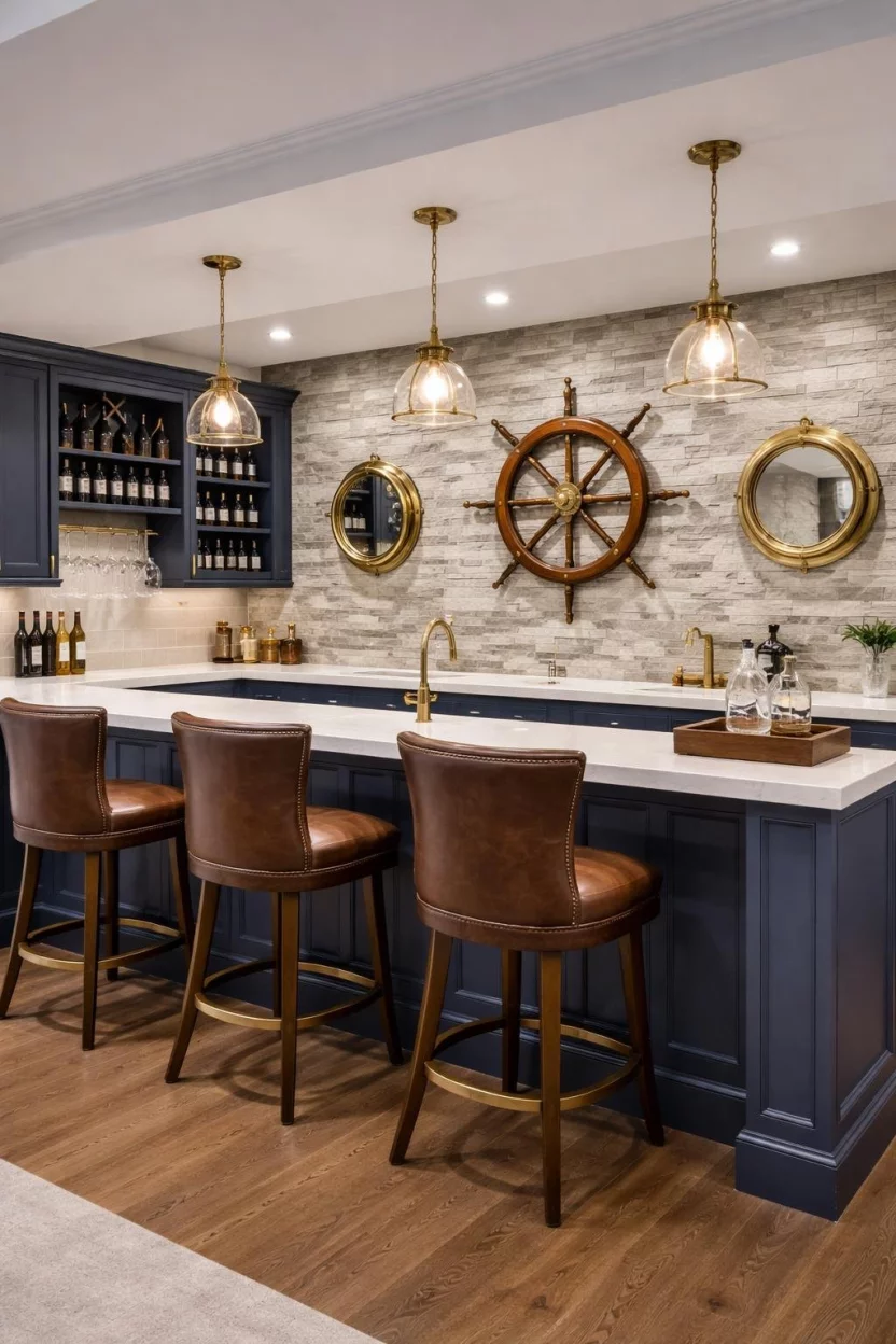 A realistic photo of a basement bar with navy blue cabinets, white quartz countertops, a decorative captain's wheel, and brass porthole mirrors.