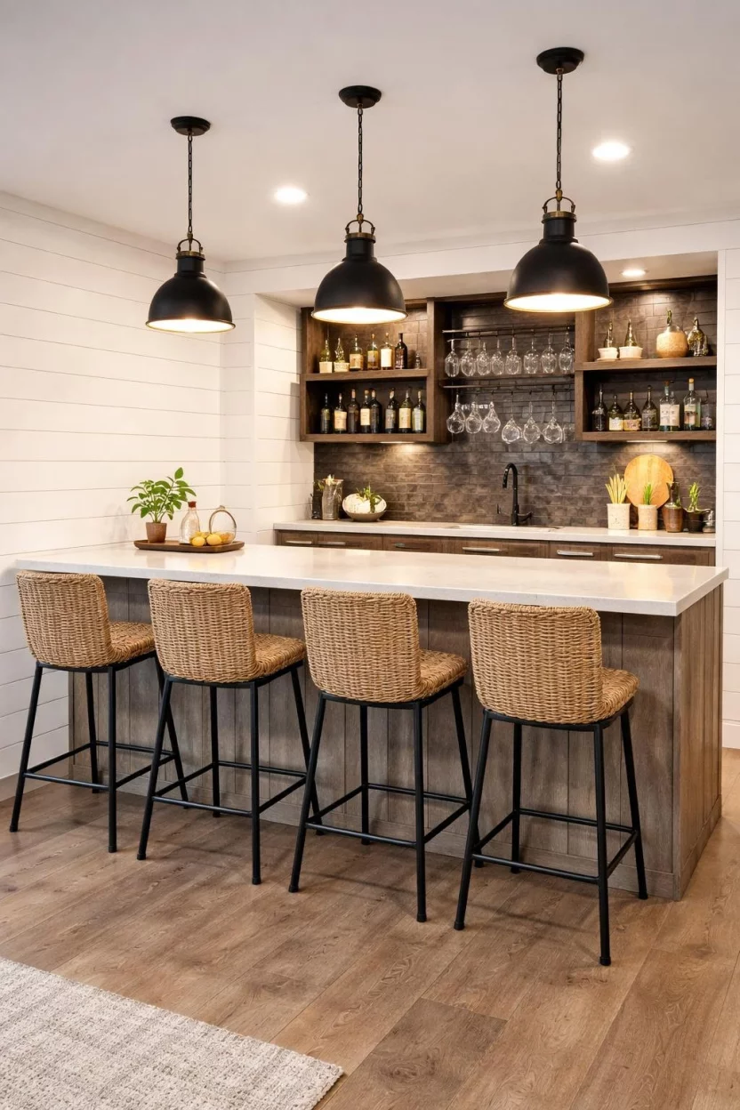 A realistic photo of a basement bar with white shiplap walls, a weathered gray wood bar, black metal farmhouse light fixtures, and woven wicker bar stools.