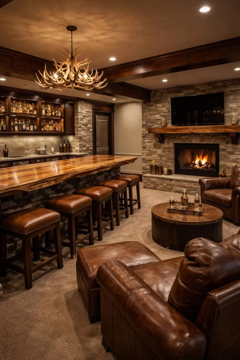 A realistic photo of a basement bar featuring a thick raw edge wood bar top, stone veneer wall siding, a mounted deer antler chandelier, and heavy brown leather armchairs by a fireplace.