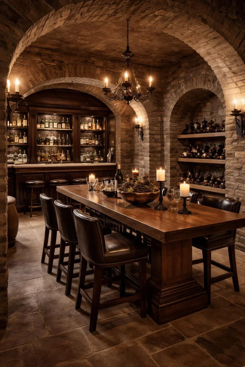A realistic photo of a basement bar with arched brick doorways, a heavy oak tasting table, wrought iron candle holders, and dusty wine bottles on stone shelves.