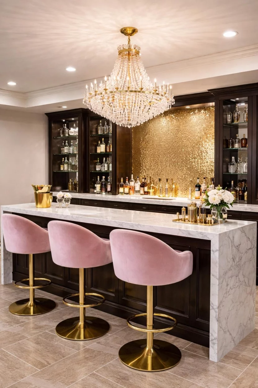 A realistic photo of a basement bar with a gold tiled backsplash, marble countertops, pink velvet bar stools, and a large crystal chandelier.