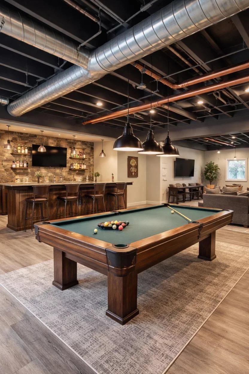 Industrial Exposed Elements A realistic photo of a spacious basement entertainment area with exposed galvanized ductwork and copper pipes against a dark grey joist ceiling, featuring a pool table and bar.