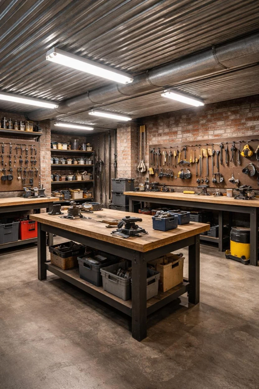Corrugated Metal Panels A realistic photo of a rugged basement workshop with galvanized corrugated metal ceiling panels, heavy duty workbenches, bright shop lights, and exposed brick walls.