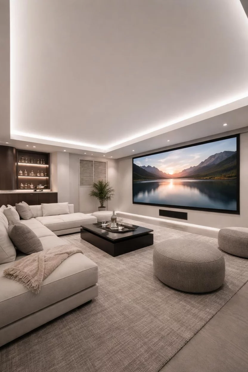 Stretch Fabric Ceiling A realistic photo of a futuristic basement media room featuring a seamless white stretch fabric ceiling with a soft hidden perimeter glow, minimalist furniture, and a large projection screen.