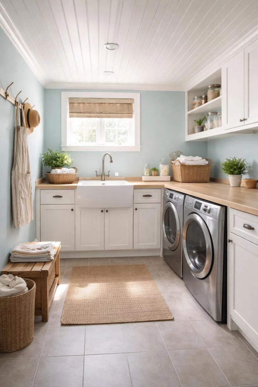 Beadboard Ceiling Panels A realistic photo of a cozy basement laundry room with white beadboard ceiling panels, light blue walls, a classic farmhouse sink, and bright natural light coming from a small window.
