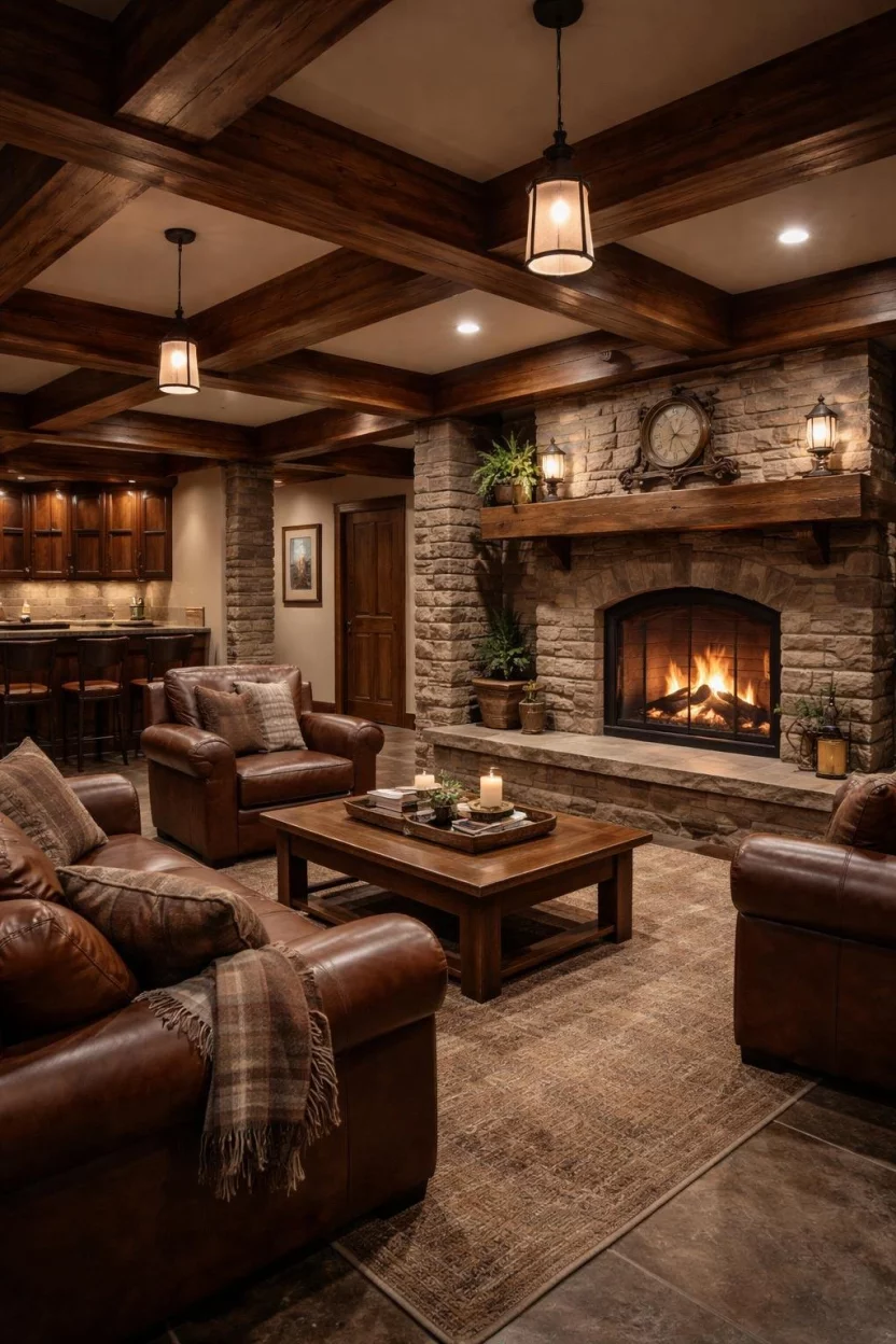 Stained Wood Beams A realistic photo of a rustic basement den with heavy overhead timber beams stained in a warm walnut tone, complemented by soft pendant lighting and comfortable leather armchairs near a stone fireplace.