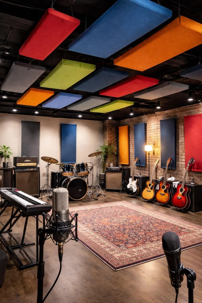 Suspended Acoustic Panels A realistic photo of a basement music studio with colorful fabric wrapped acoustic panels suspended from the ceiling in a staggered pattern, featuring guitars and microphones.