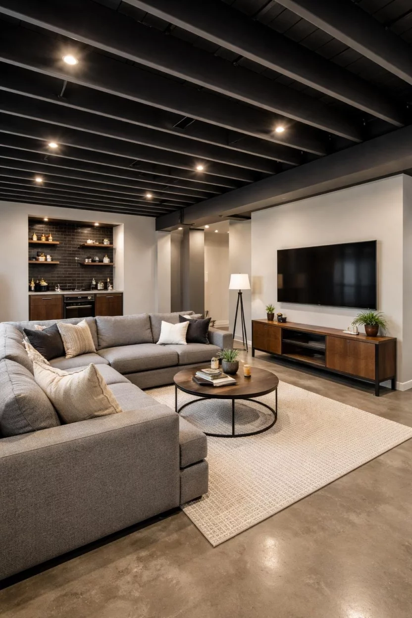 Painted Exposed Joists A realistic photo of a modern industrial basement living room featuring exposed ceiling joists painted in a sleek matte black finish, accented by warm recessed lighting and comfortable gray sectional seating on a polished concrete floor.