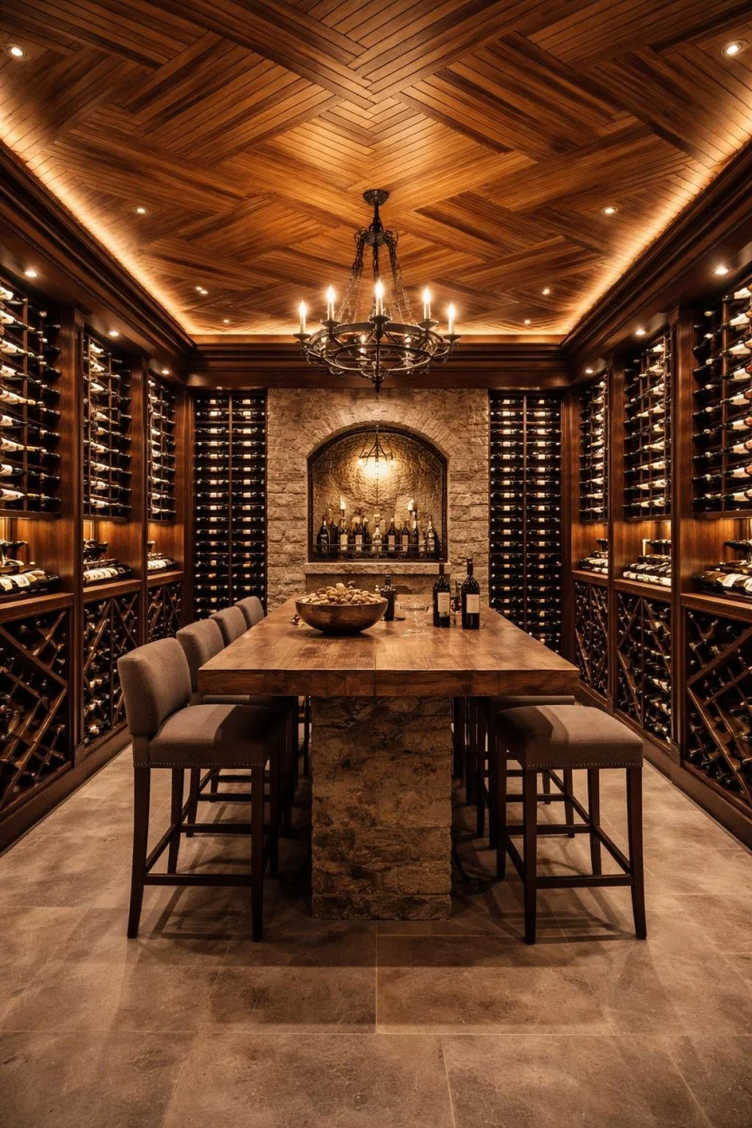Herringbone Wood Pattern A realistic photo of a luxury basement wine cellar with a complex herringbone patterned wood ceiling, soft amber accent lighting, and floor to ceiling bottle racks.