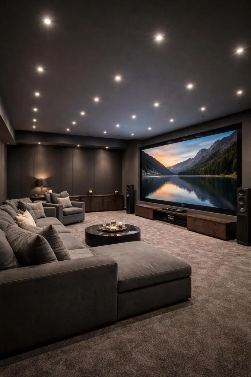 LED Recessed Lighting Integration A realistic photo of a modern basement home theater with a dark grey ceiling featuring numerous small glowing LED recessed lights arranged in a clean grid pattern.
