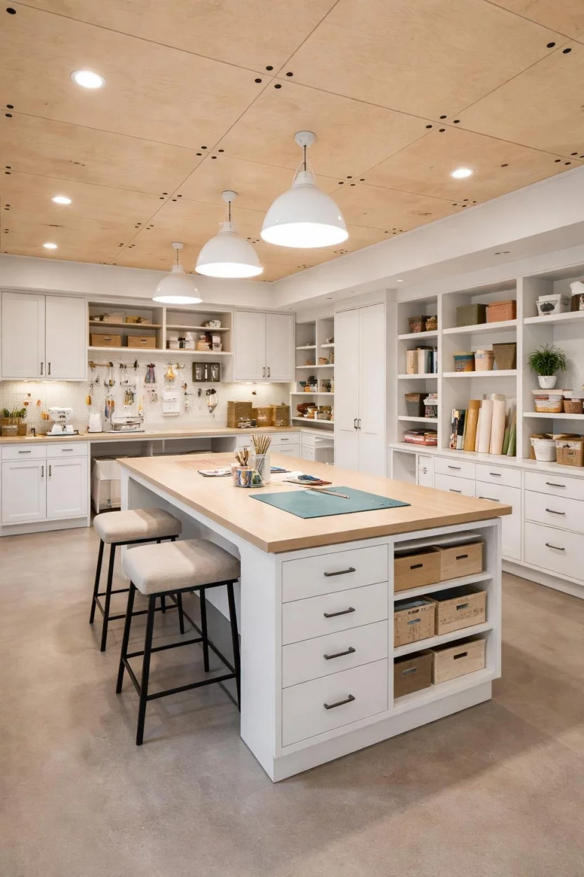 Plywood Panel Ceiling A realistic photo of a bright basement craft room with large light birch plywood ceiling panels and exposed black fasteners, white cabinetry, and a large central work table.