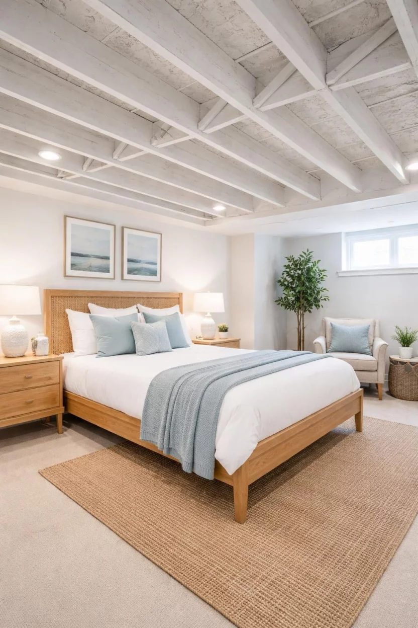 Whitewashed Beams and Joists A realistic photo of a bright basement guest bedroom with whitewashed ceiling joists, white linens on a wooden bed frame, and soft blue accents.