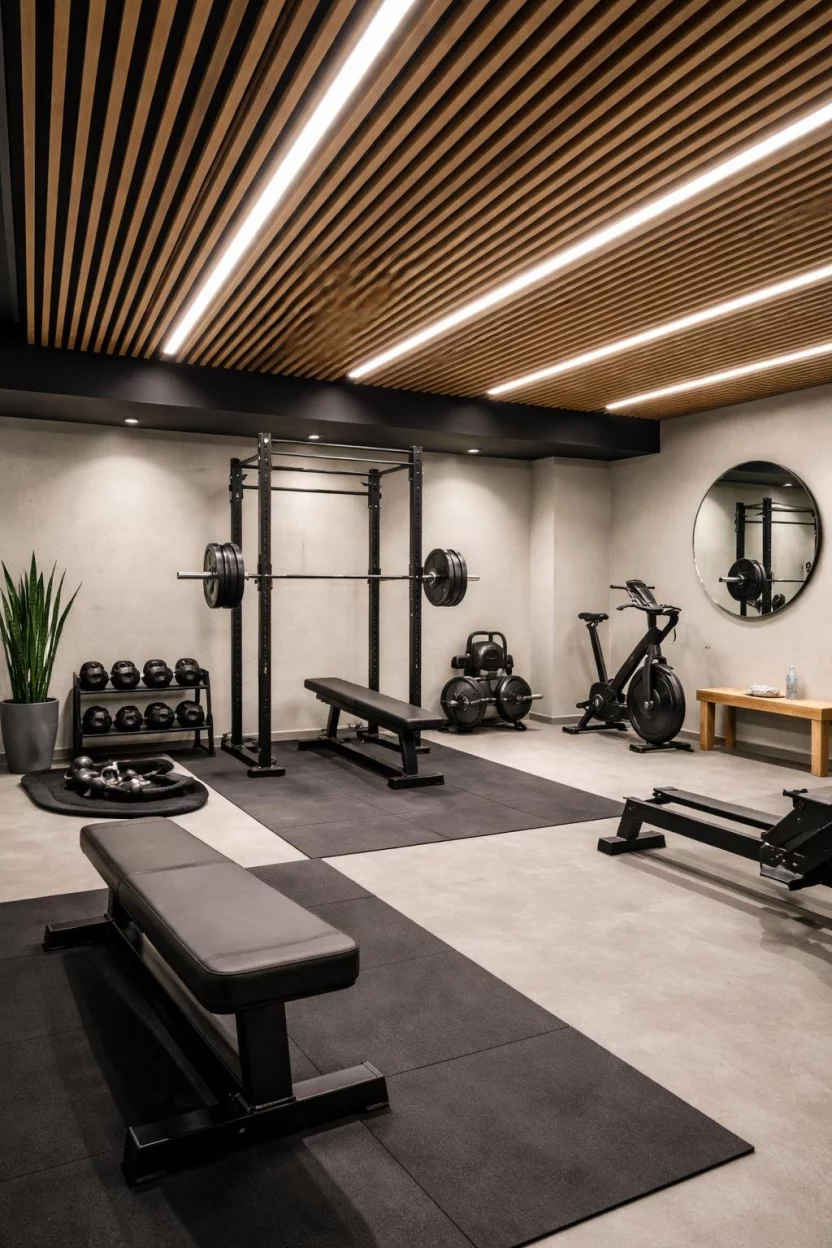 Wood Slat Ceiling A realistic photo of a Scandinavian style basement gym with vertical wood slats running across the ceiling over a black backing, featuring minimalist equipment and bright linear lighting.