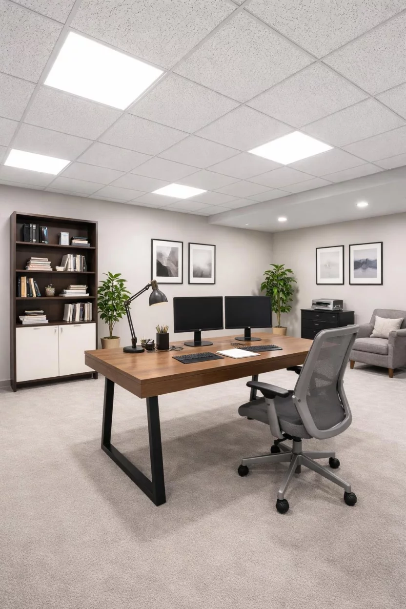Drop Ceiling Tiles A realistic photo of a clean professional basement office with a white grid drop ceiling featuring patterned acoustic tiles, bright integrated LED panel lighting, and a modern wooden desk.