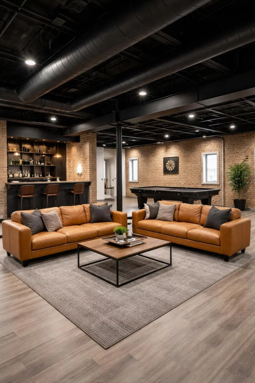 Black Painted Ducts and Pipes A realistic photo of an open concept basement lounge with matte black painted ceiling ducts and pipes, exposed brick walls, and tan leather sofas on a grey rug.