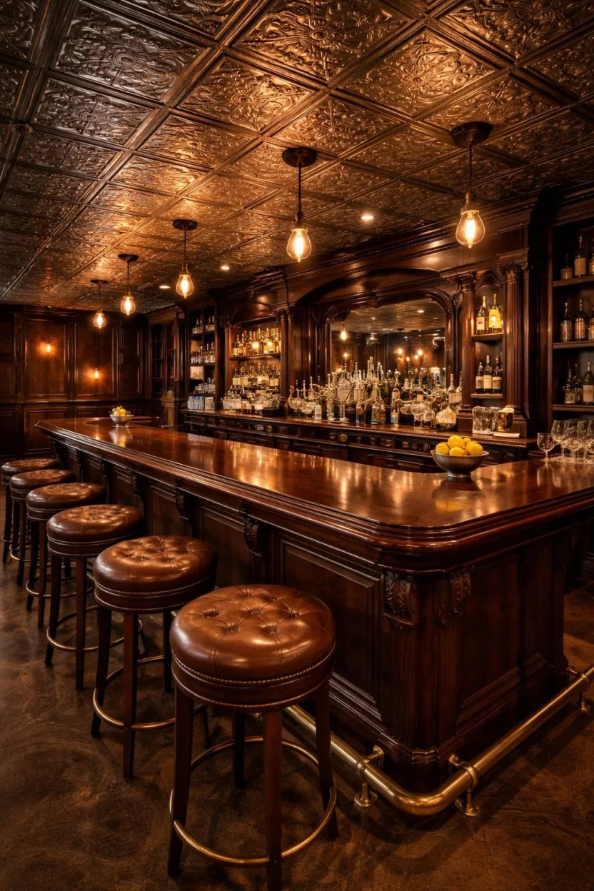 Tin Ceiling Tiles A realistic photo of a vintage style basement bar with ornate silver tin ceiling tiles, an antique mahogany bar top, and warm Edison bulb lighting reflecting off the metallic surface.