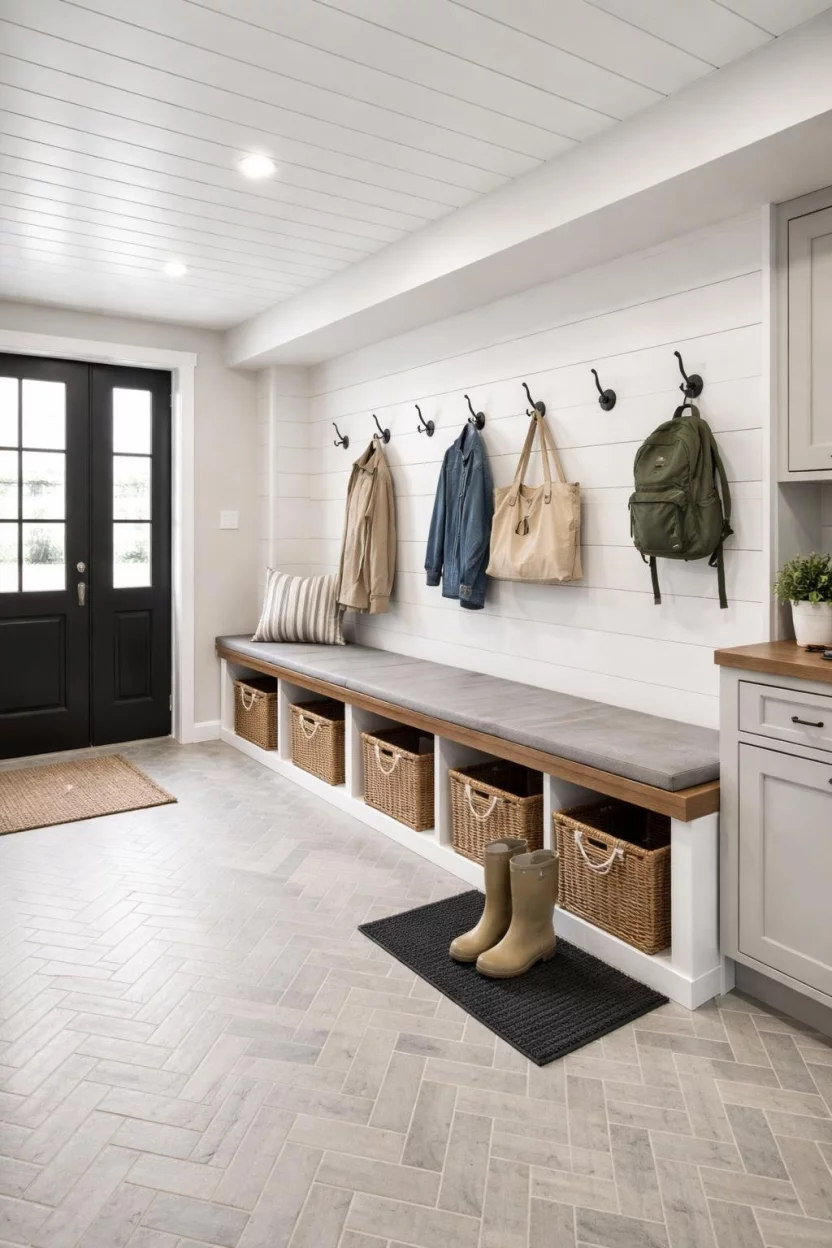 Shiplap Ceiling Boards A realistic photo of a modern farmhouse basement mudroom with white shiplap ceiling boards, black metal coat hooks, and a wooden bench with storage bins.