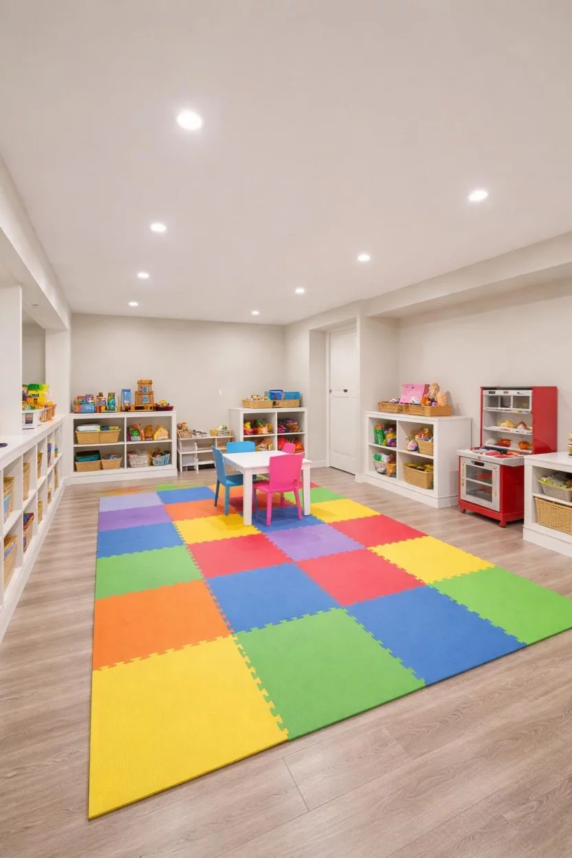 Drywall Ceiling Finish A realistic photo of a fully finished basement playroom with a smooth white drywall ceiling, recessed pot lights, colorful floor mats, and built-in toy storage along the walls.