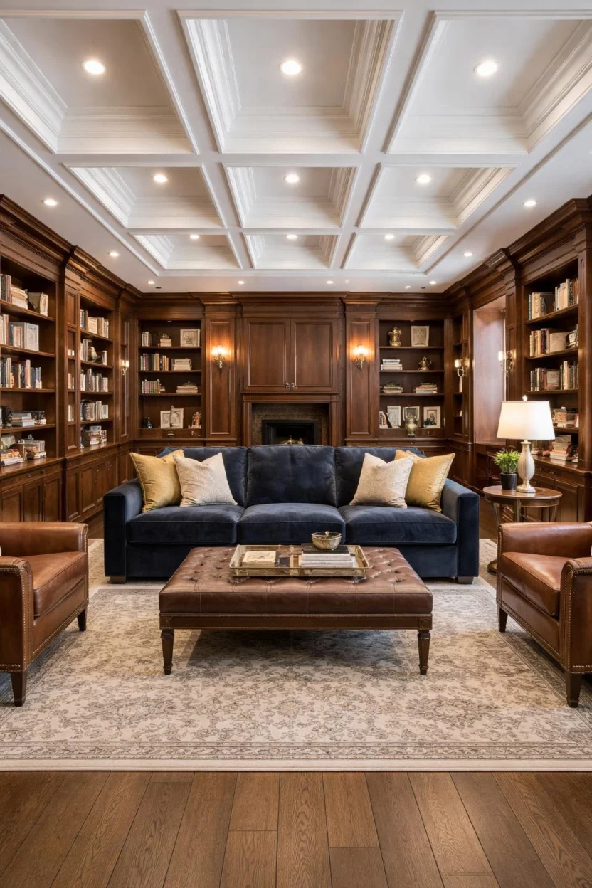 Coffered Ceiling Design A realistic photo of an elegant basement library with a white coffered ceiling grid, featuring deep recessed squares and crown molding accents above dark wood built-in bookshelves and a velvet sofa.