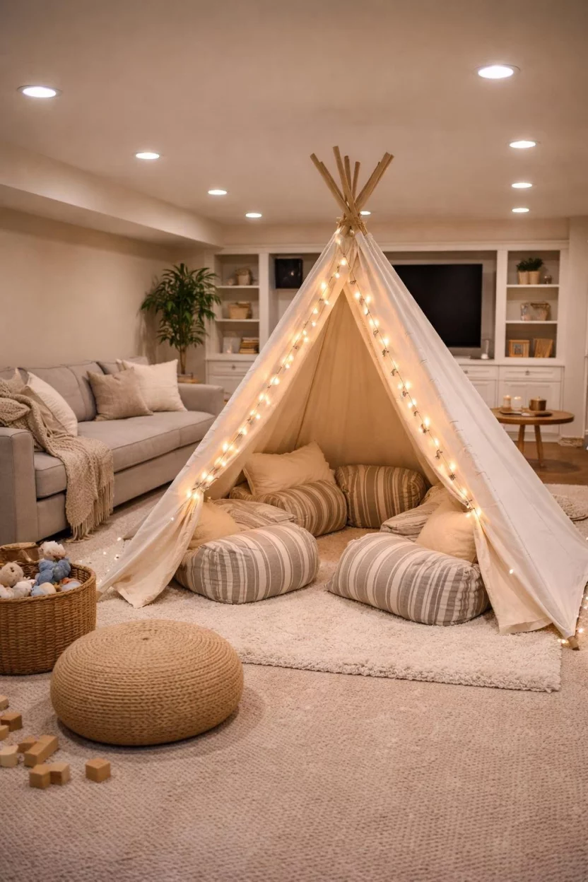 A realistic photo of a basement family room with a white canvas teepee tent, a string of warm fairy lights draped over the entrance, and several soft striped bean bag chairs inside.