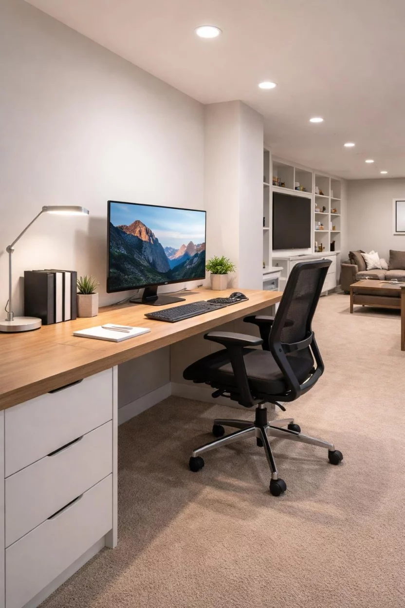 A realistic photo of a basement family room home office area with a long oak desk, a sleek black office chair, and a bright white desk lamp next to a large computer monitor.