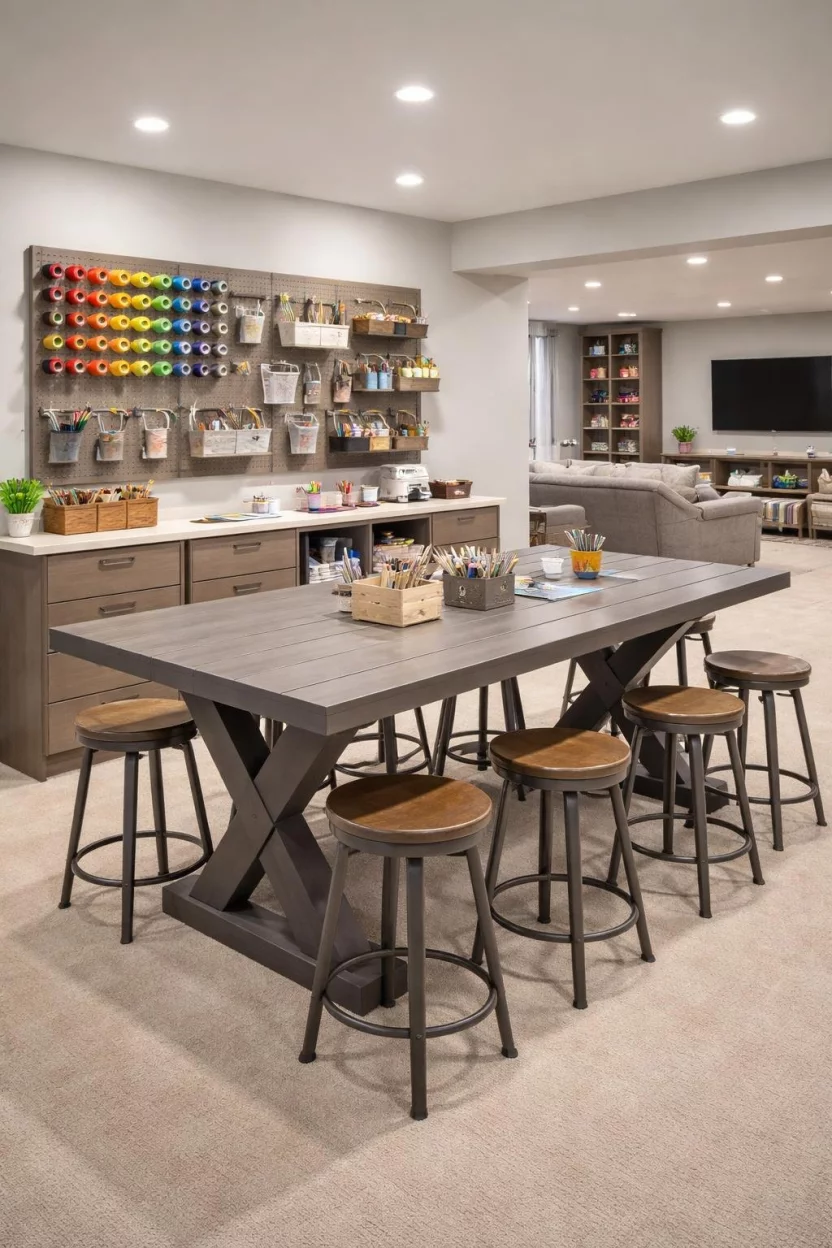 A realistic photo of a basement family room craft area showing a large grey farmhouse table, several metal industrial stools, and a wall-mounted pegboard holding colorful spools of thread and art supplies.