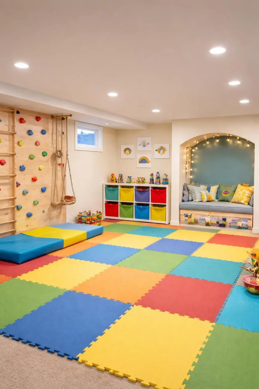 A realistic photo of a colorful basement playroom with soft foam mats, a small indoor climbing wall, modular toy storage cubbies, and a dedicated reading nook with floor pillows.