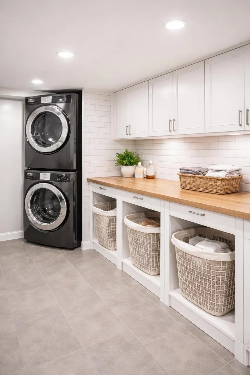 A realistic photo of a basement laundry room with stackable black washers, a long wood folding counter, built-in hampers, and bright white subway tile.