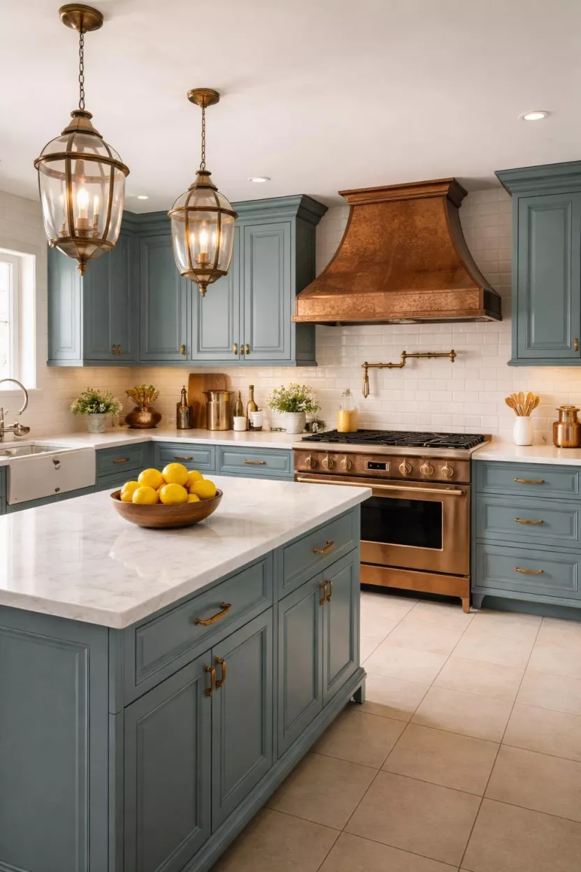 A realistic photo of a kitchen featuring elegant French blue cabinets, hammered copper hardware, a copper range hood, white ceramic tile floors, and a bowl of lemons on the counter, showcasing a warm and rustic European country kitchen look with vintage charm.