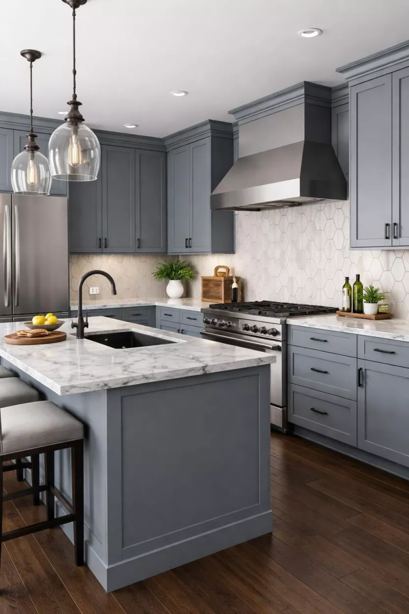 A realistic photo of a kitchen featuring muted dusty blue grey cabinetry, marble countertops with grey veining, matte black faucet and handles, a geometric tile backsplash, and dark hardwood floors, presenting a moody and elegant transitional design with balanced cool tones.