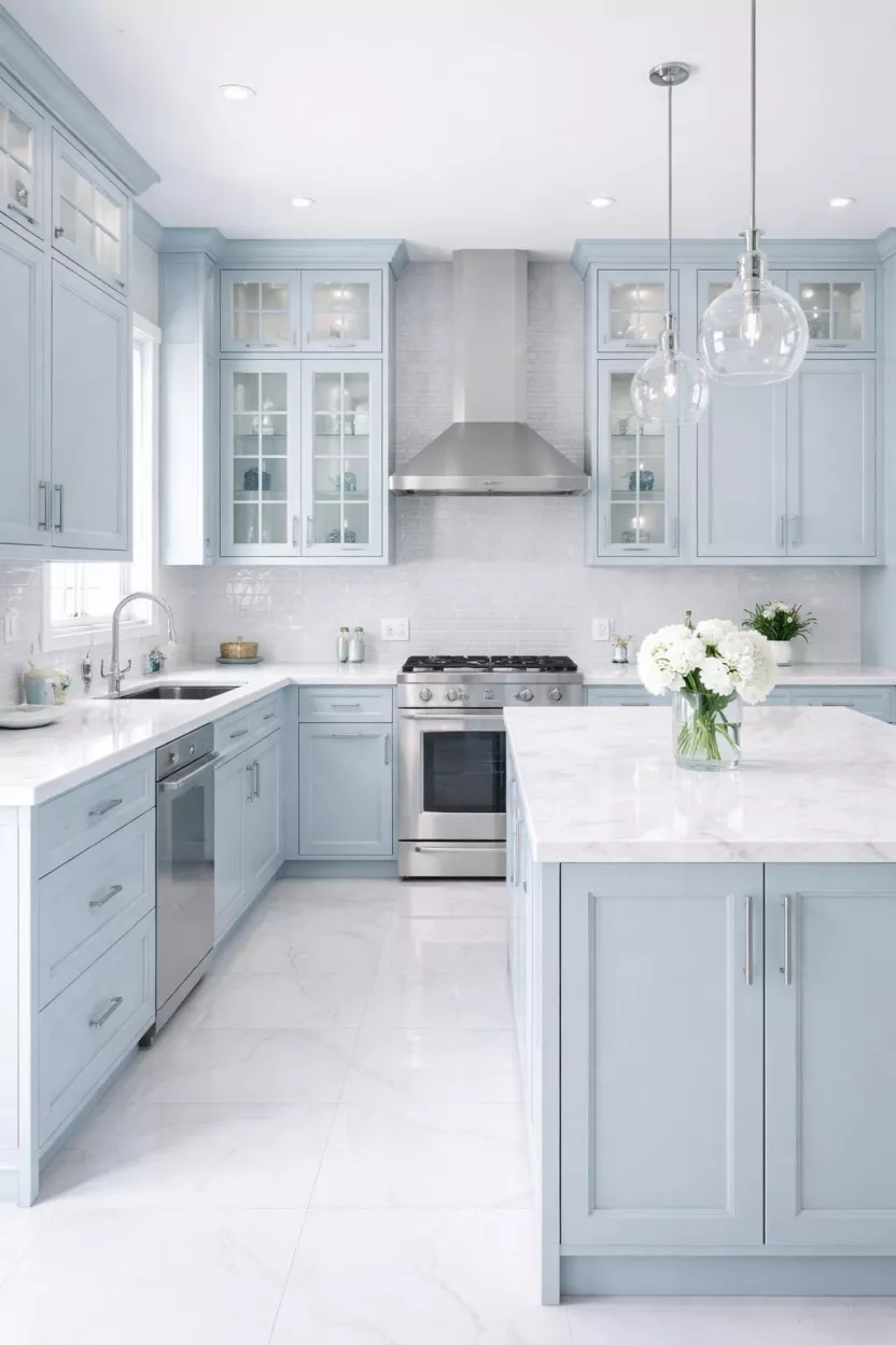 A realistic photo of a kitchen featuring ice blue cabinets with glass front upper inserts, white marble counters, silver hardware, and a white tiled floor, creating a very bright and crystalline aesthetic that feels cold and clean.