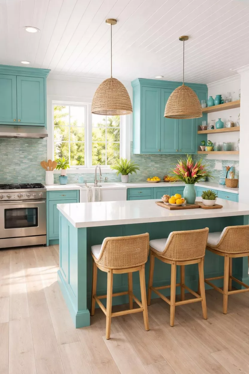 A realistic photo of a kitchen with bright turquoise cabinets, white shiplap walls, a sea glass backsplash, bleached wood floors, and a white beadboard ceiling, capturing a fun and energetic tropical beach house aesthetic with bright natural light.