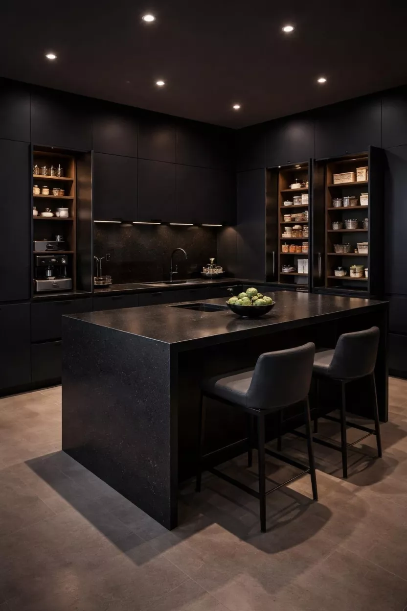 A realistic photo of a kitchen with very dark midnight blue slab cabinets, integrated finger pulls, a black quartz waterfall island, hidden storage solutions, and dim recessed lighting, emphasizing a sleek and moody masculine design with a focus on clean lines.