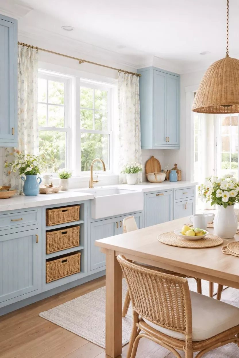 A realistic photo of a kitchen with light sky blue beadboard cabinets, wicker basket storage, a white ceramic farmhouse sink, floral patterned curtains, and a light wood dining table, creating a charming and relaxed coastal beach house atmosphere with airy vibes.