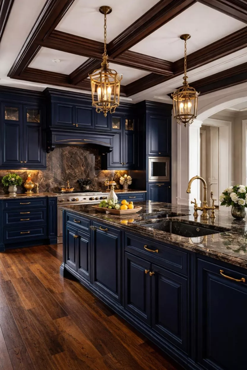 A realistic photo of a kitchen with deep Prussian blue cabinets, dark granite countertops, ornate gold faucets, a coffered ceiling, and rich walnut wood floors, embodying a deep and moody luxury traditional style with heavy textures.