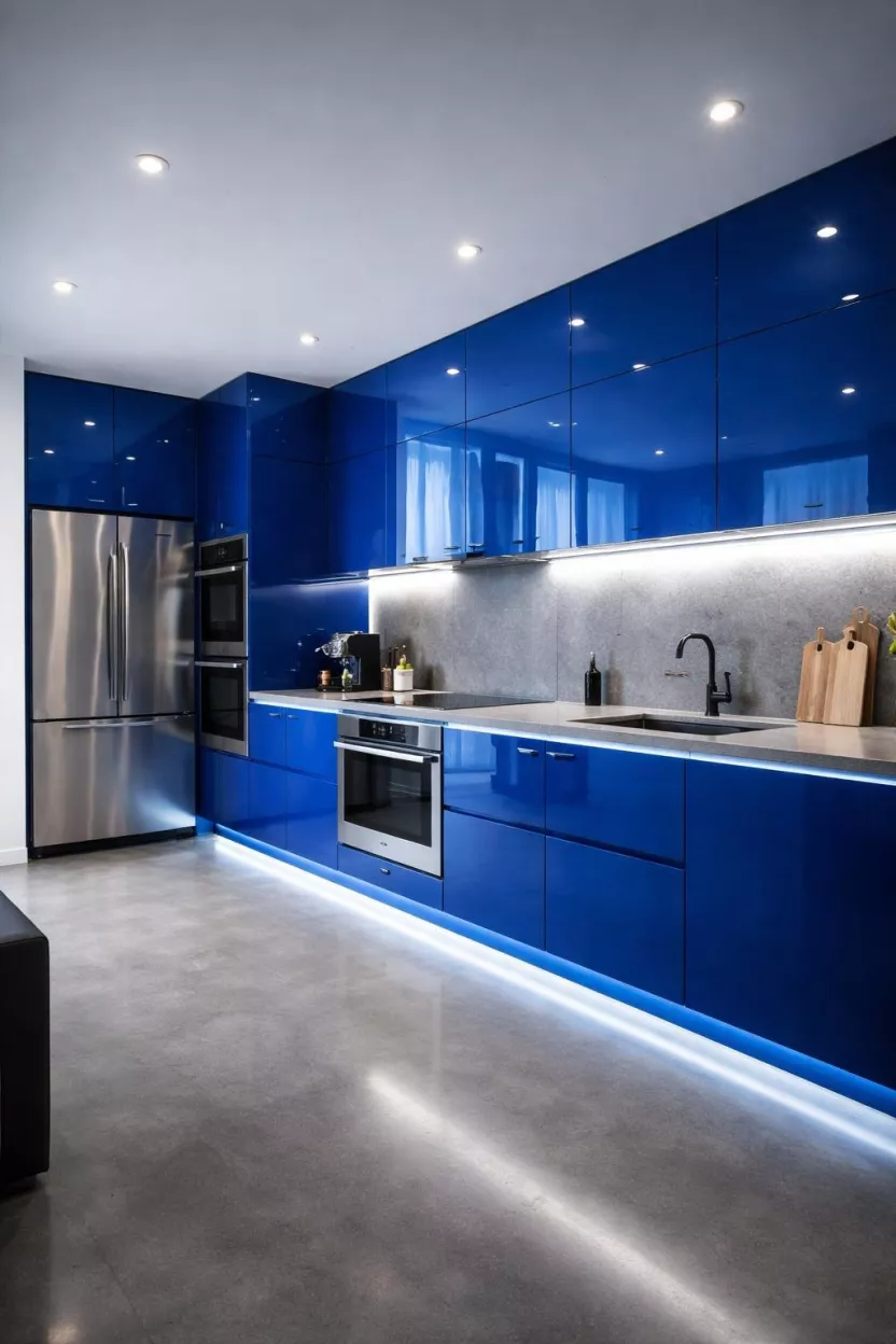 A realistic photo of a kitchen with vibrant cobalt blue high gloss cabinets, minimalist handleless design, grey concrete floors, stainless steel appliances, and neon under cabinet lighting, showcasing a sleek and futuristic urban apartment interior with sharp lines and reflective surfaces.