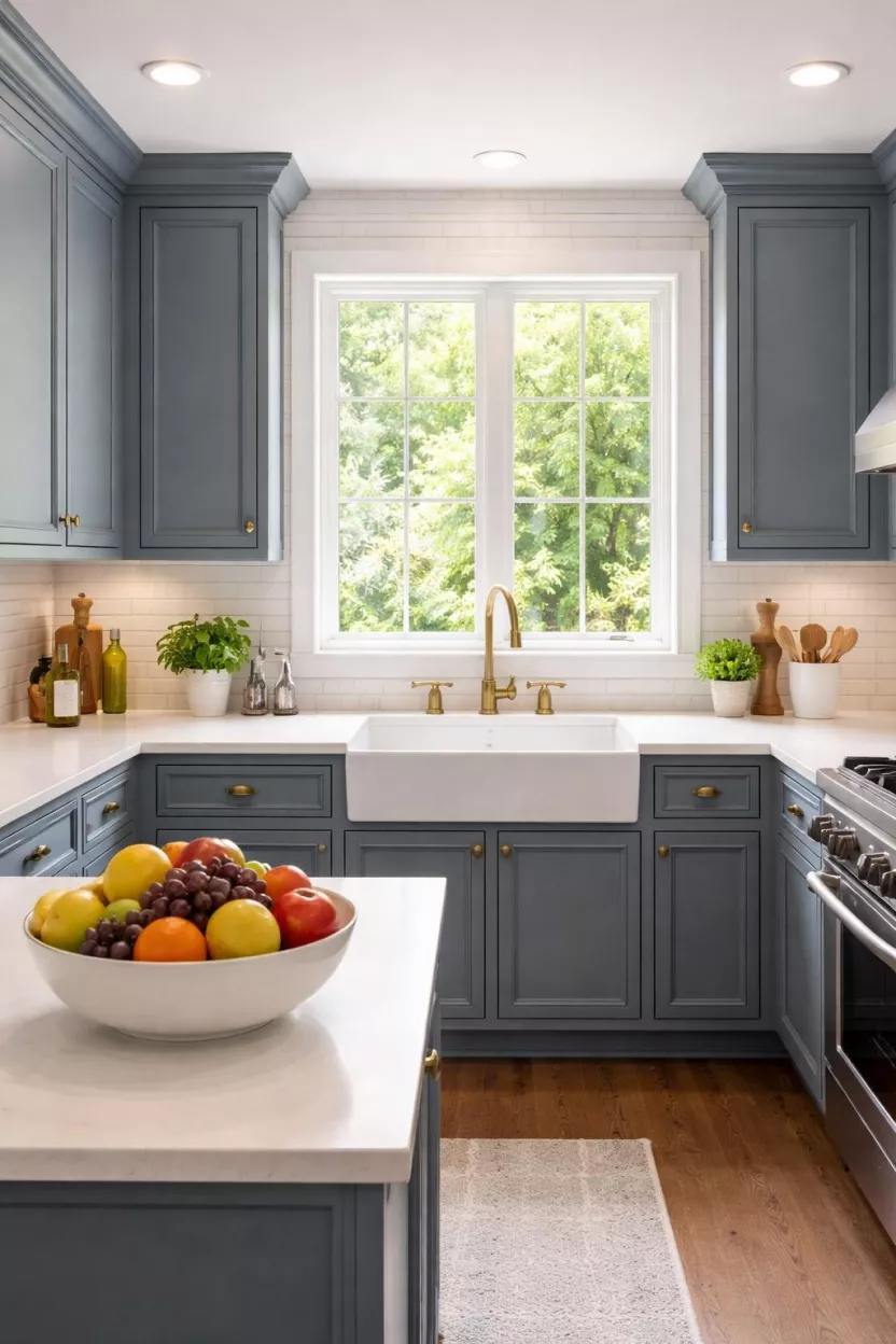 A realistic photo of a kitchen showing slate blue cabinets with crown molding, a white tile backsplash, a large window over the sink, antique brass hardware, and a bowl of fresh fruit, embodying a classic and comfortable American suburban kitchen design.