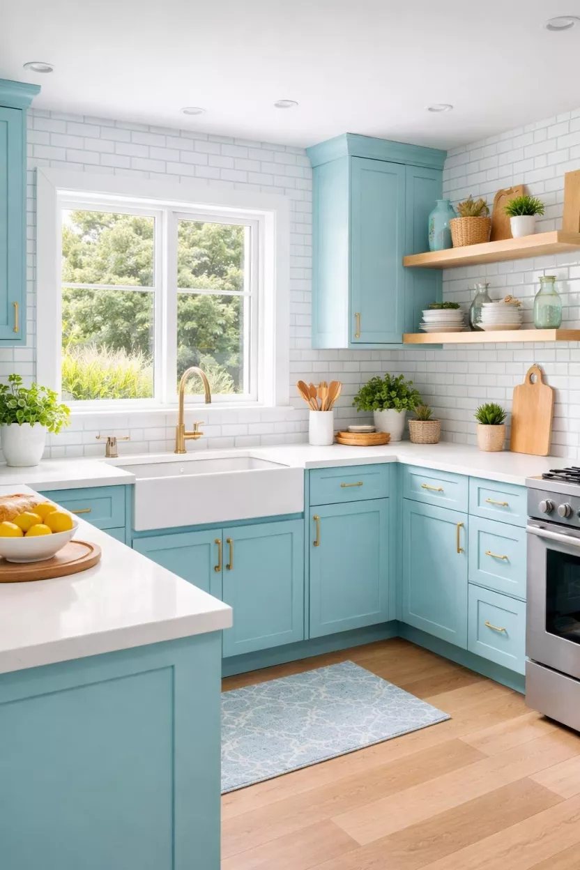 A realistic photo of a kitchen featuring bright aqua blue cabinets, a white subway tile backsplash with blue grout, blonde wood shelves, and a large window, presenting a fresh and clean modern aesthetic with a splash of water inspired color.