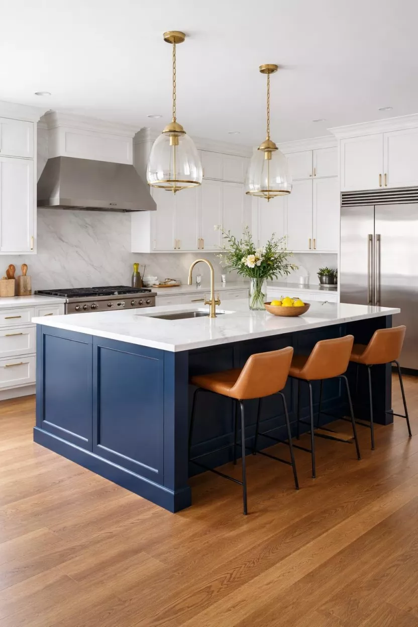 A realistic photo of a kitchen with white perimeter cabinets and a large indigo blue central island, white marble countertops, low hanging pendant lights, and hardwood floors, emphasizing the island as a bold focal point in a bright space.