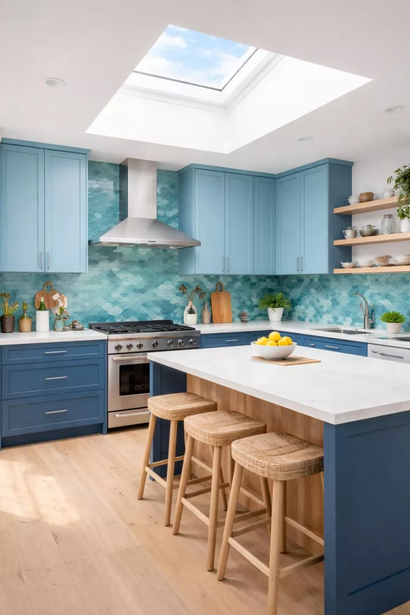A realistic photo of a kitchen featuring ocean blue cabinets in a mix of shades, a teal tiled backsplash, light wood accents, and a large skylight, capturing the varied colors of the sea in a bright and modern kitchen environment.
