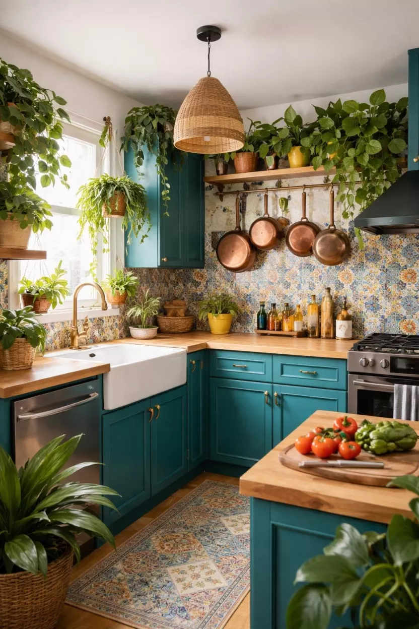 A realistic photo of a kitchen featuring vibrant teal cabinets, a colorful mosaic backsplash, light wood countertops, hanging copper pots, and a variety of green houseplants, presenting a bohemian and eclectic space full of personality and bright saturated colors.