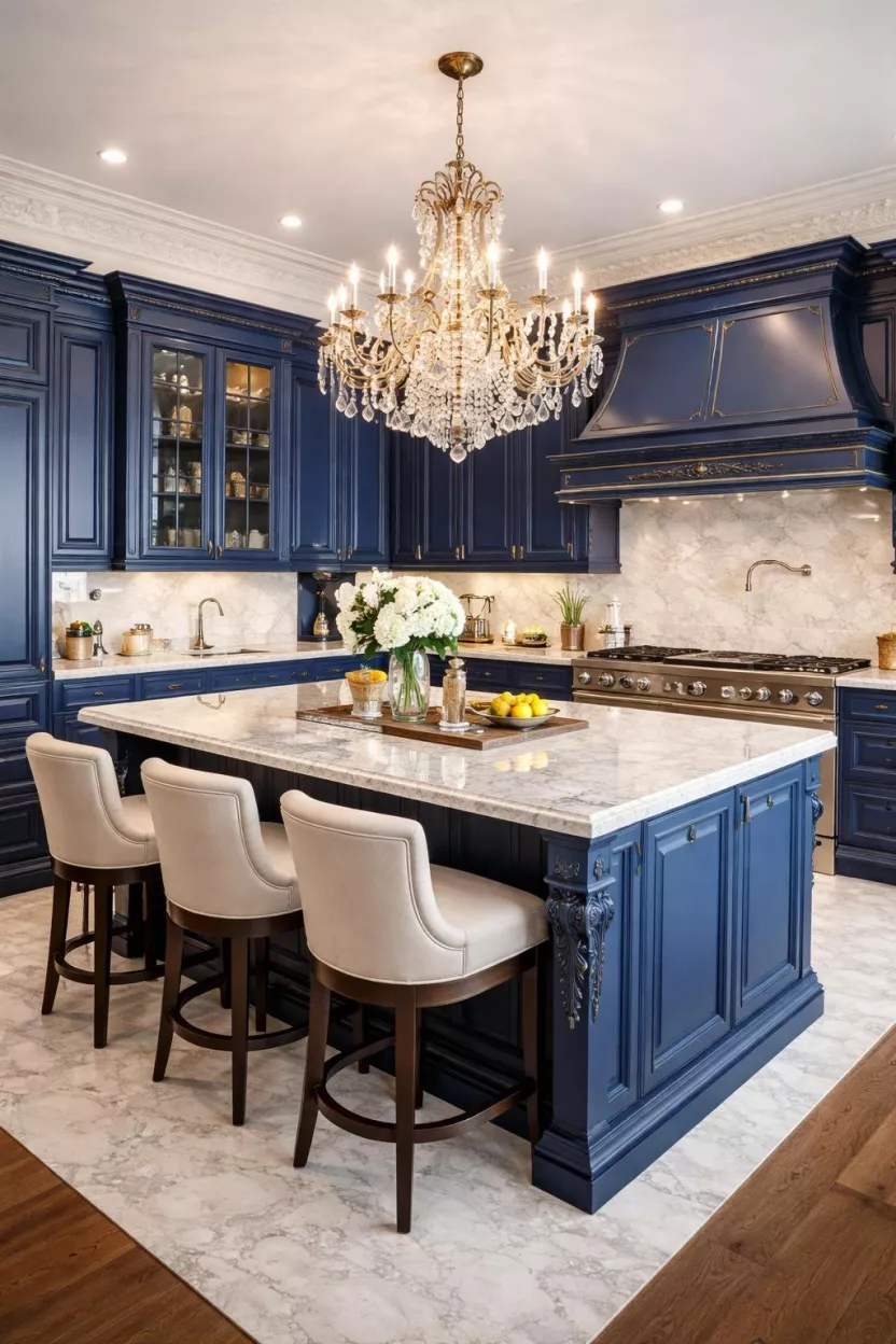 A realistic photo of a kitchen showing rich royal blue raised panel cabinets, ornate crown molding, a large central island with a white granite top, crystal chandelier lighting, and a professional grade range, embodying a luxurious and grand traditional interior style.
